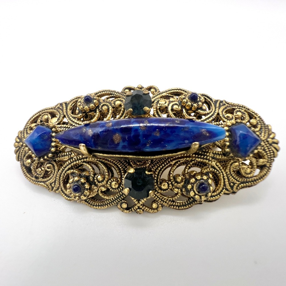 Art Deco Czech Style Faux Lapis Glass Filigree Brooch Pin 1930s Vintage
